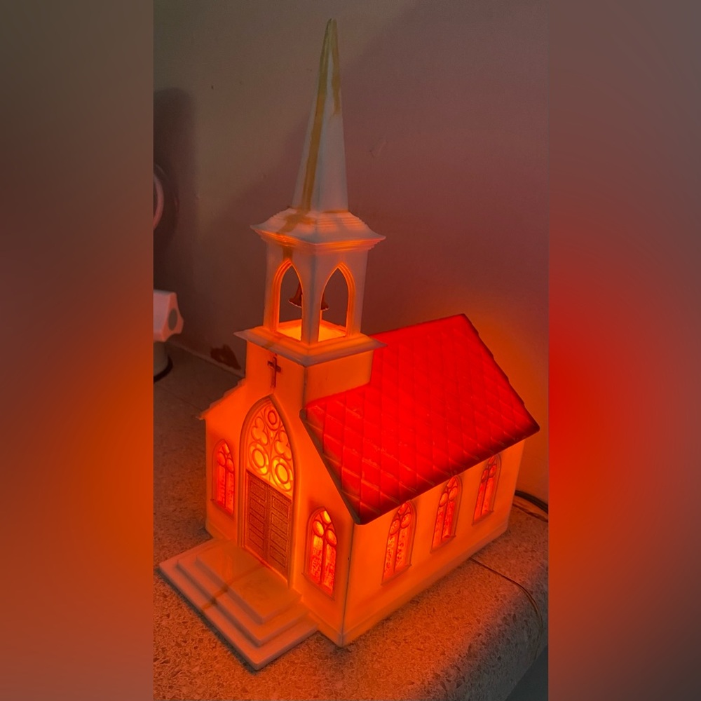 Glolite Vintage Light Up Church Chapel Bell White Red Roof Stained Glass Windows